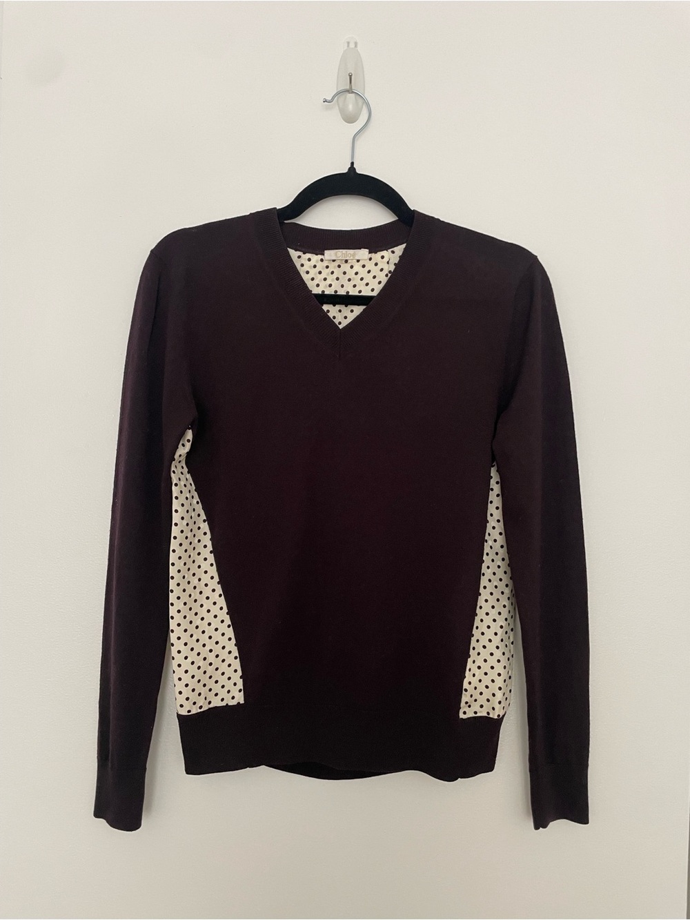 Chloé 100% Merino Wool Brown Sweater with Polka Dot Inset